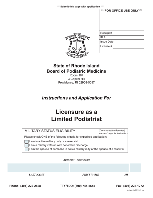 Application for Licensure as a Limited Podiatrist - Rhode Island Download Pdf