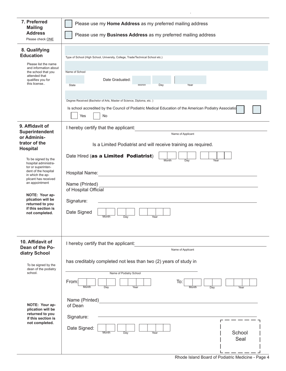 Application for Licensure as a Limited Podiatrist - Rhode Island, Page 4