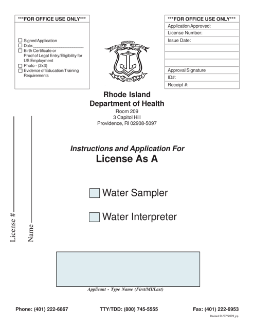 Application for License as a Water Sampler / Water Interpreter - Rhode Island Download Pdf