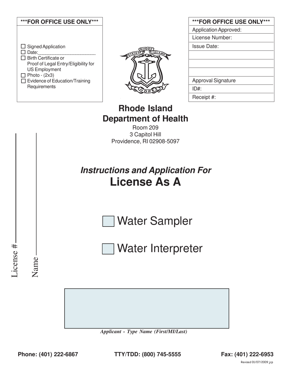 Application for License as a Water Sampler / Water Interpreter - Rhode Island, Page 1