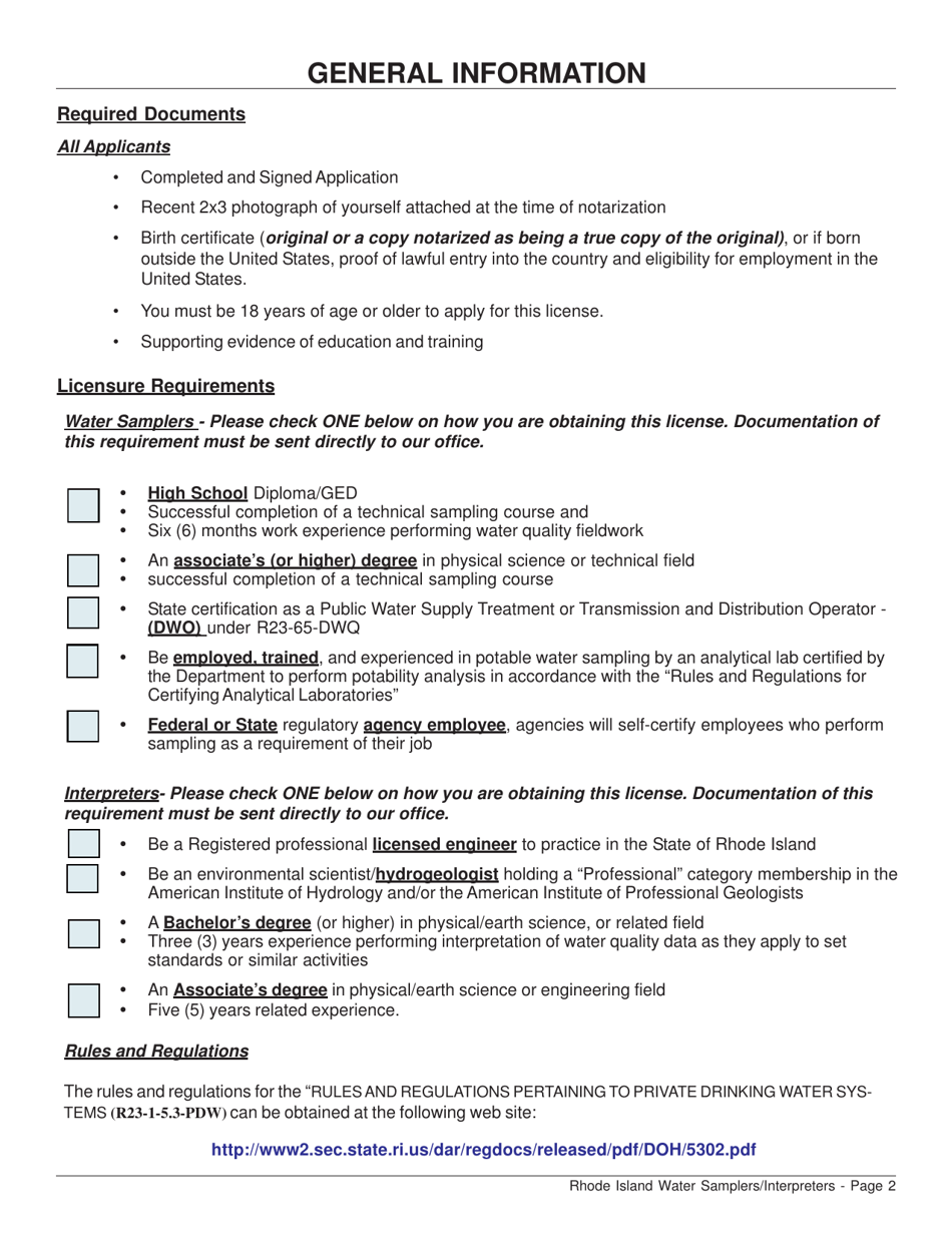 Application for License as a Water Sampler / Water Interpreter - Rhode Island, Page 2