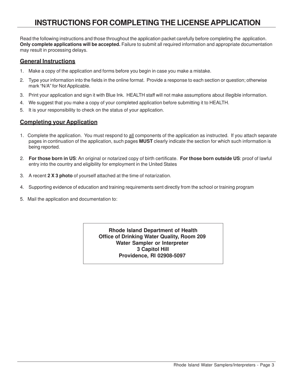 Application for License as a Water Sampler / Water Interpreter - Rhode Island, Page 3