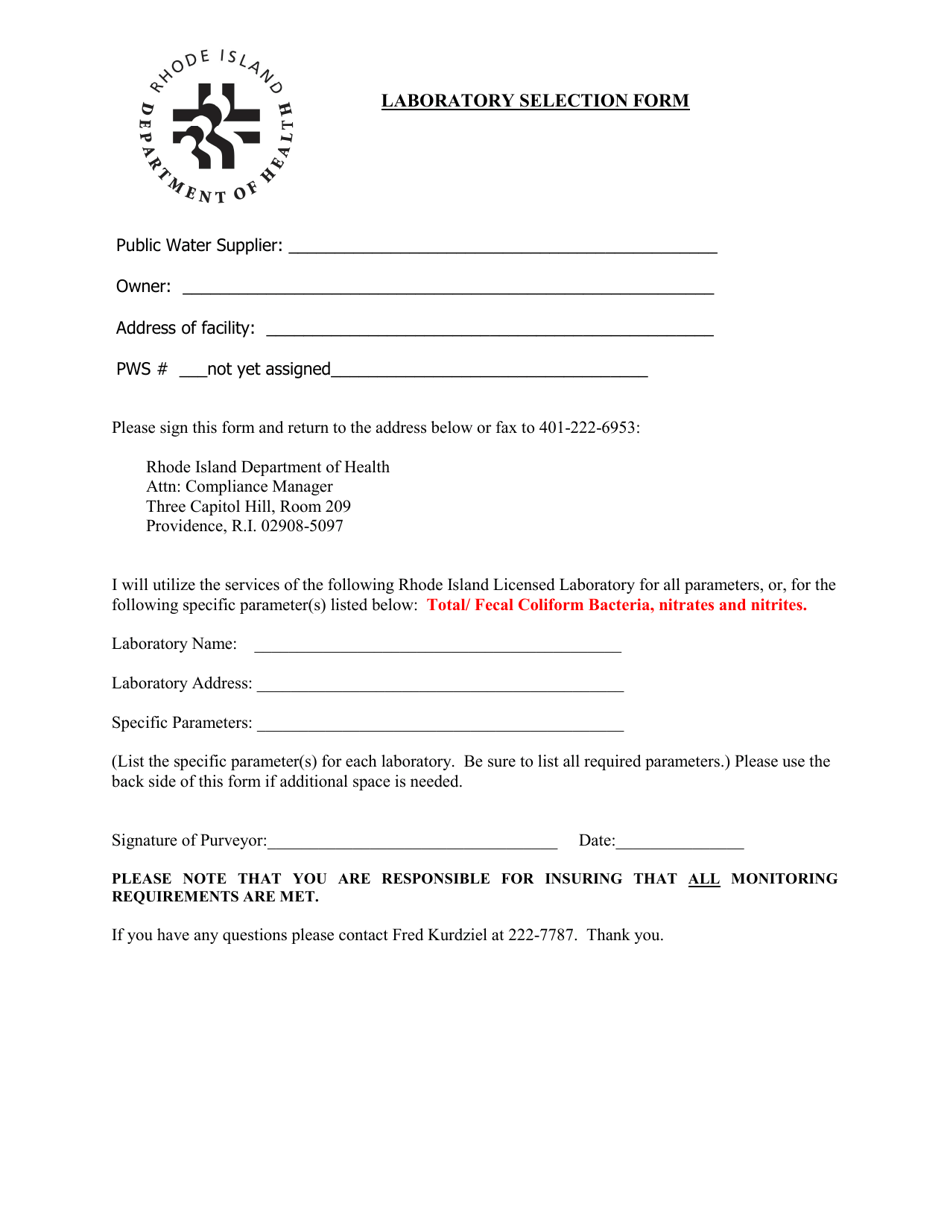 Laboratory Selection Form - Rhode Island, Page 1