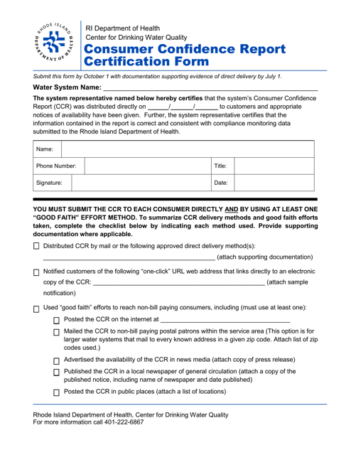 Drinking Water Consumer Confidence Report Form - Rhode Island