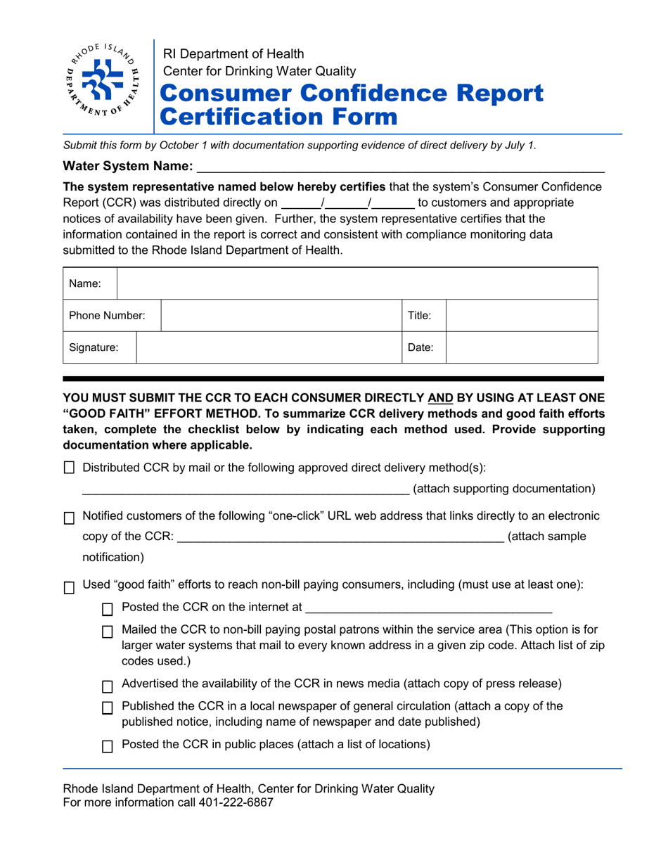 Drinking Water Consumer Confidence Report Form - Rhode Island, Page 1