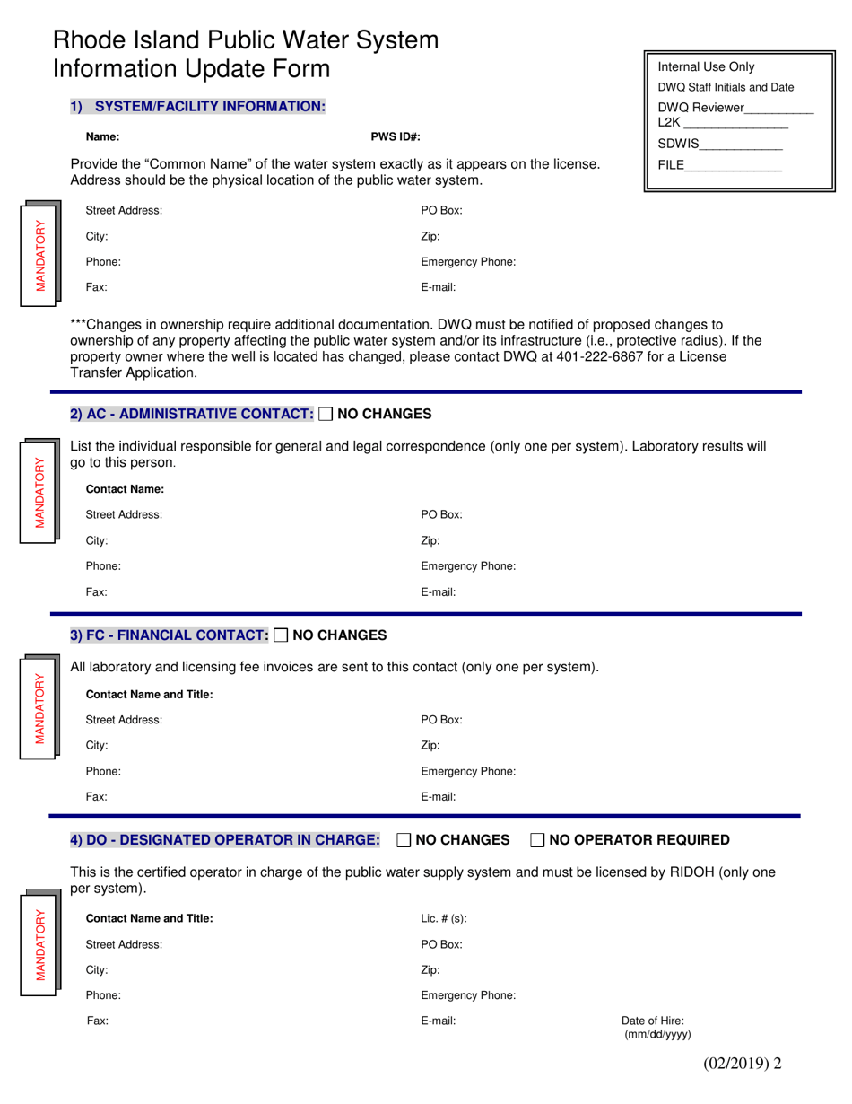Rhode Island Public Water System Information Update Form - Rhode Island, Page 2