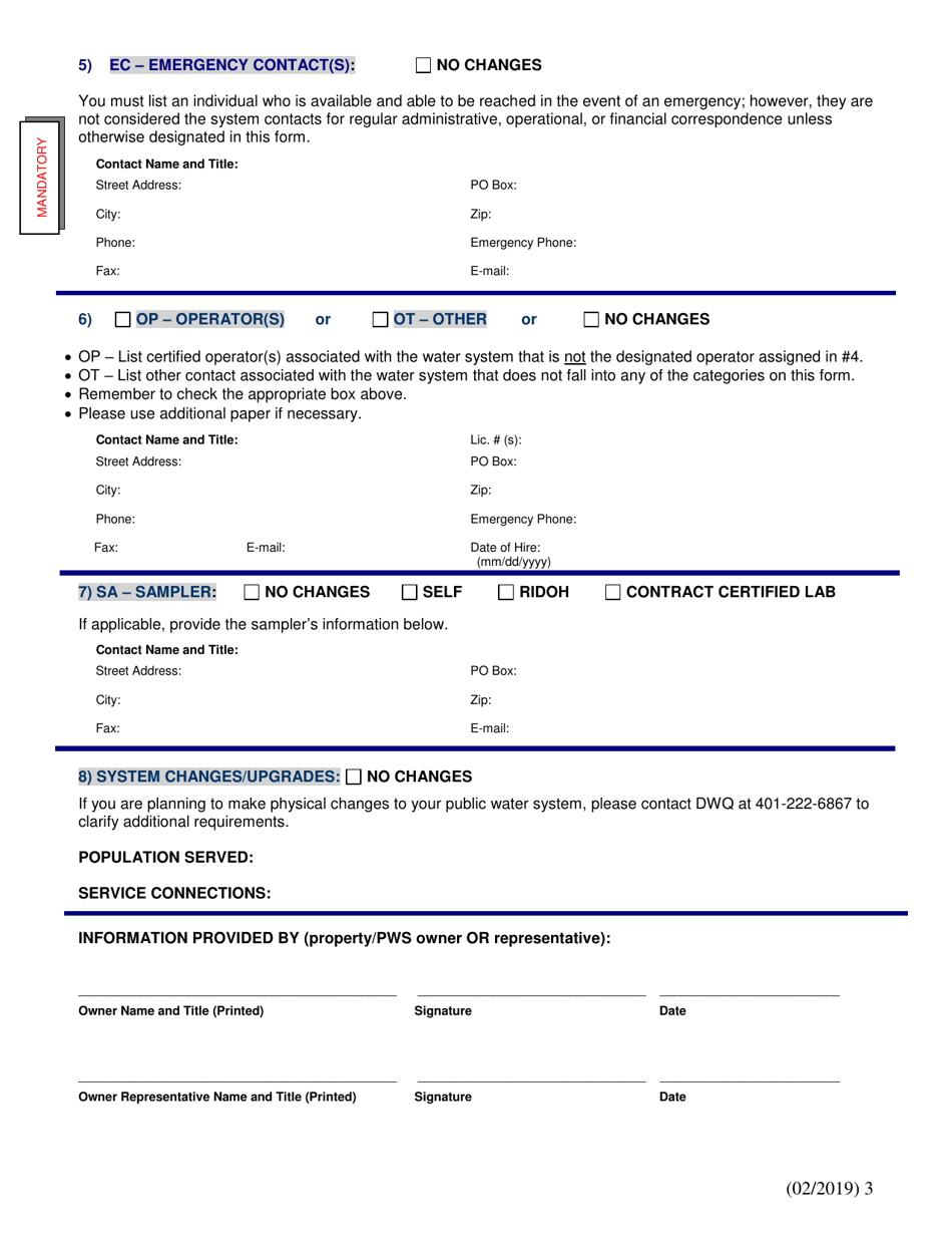 Rhode Island Public Water System Information Update Form - Rhode Island, Page 3