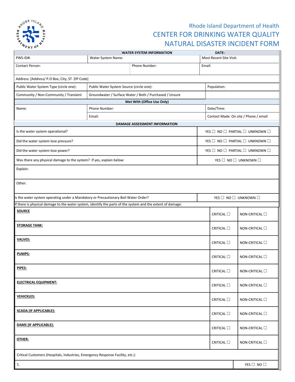 Natural Disaster Incident Form - Rhode Island, Page 1