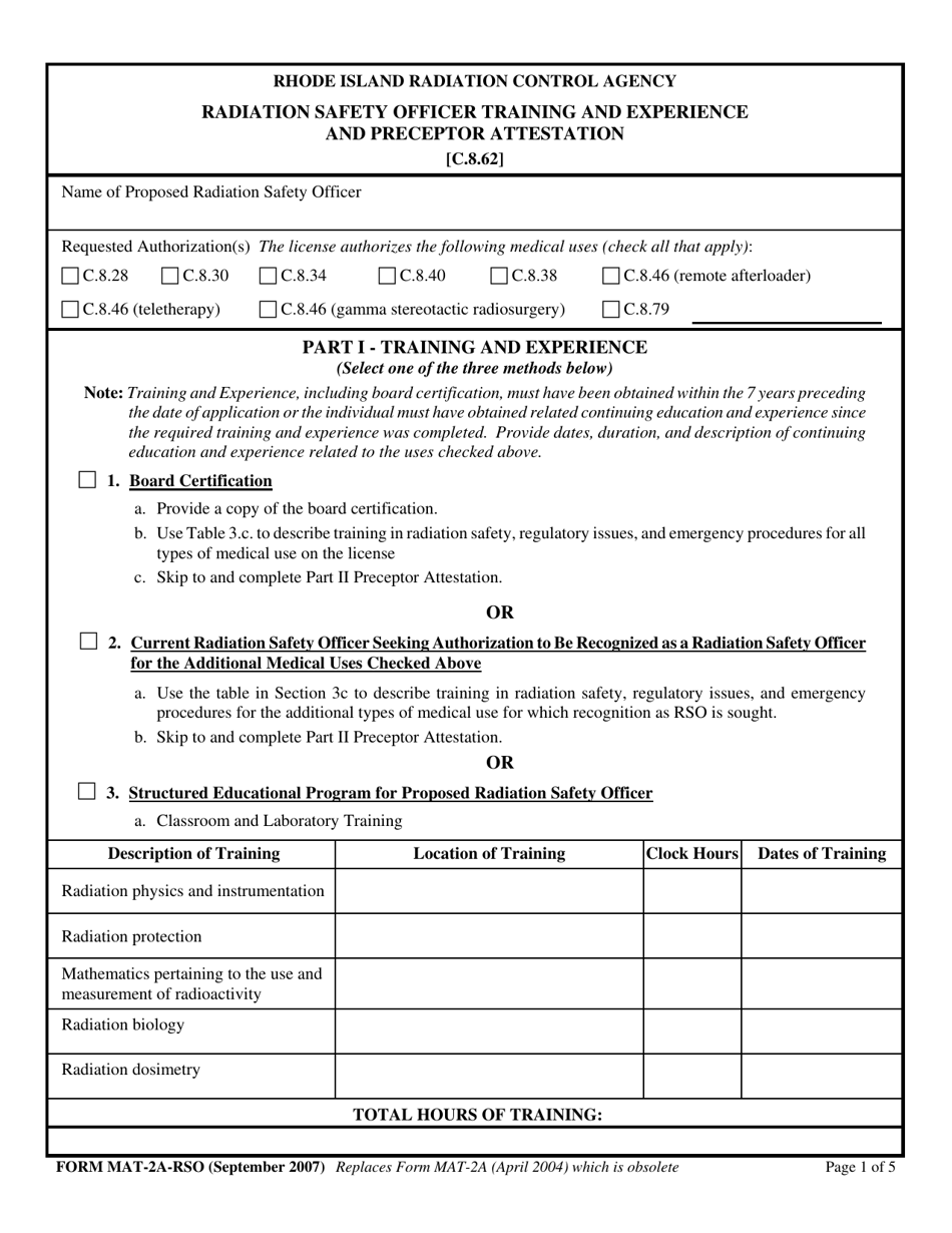 Form MAT-2A-RSO Radiation Safety Officer Training and Experience and Preceptor Attestation - Rhode Island, Page 1