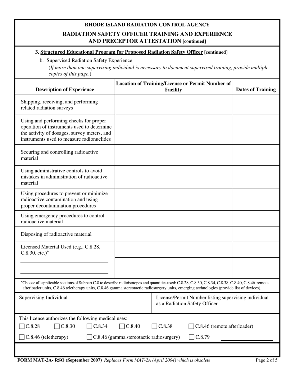 Form MAT-2A-RSO Radiation Safety Officer Training and Experience and Preceptor Attestation - Rhode Island, Page 2