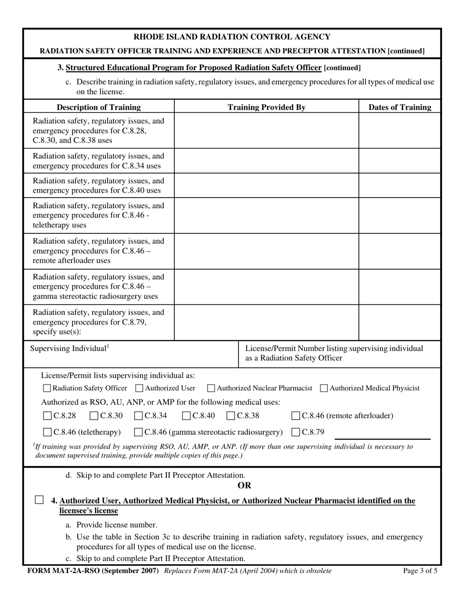 Form MAT-2A-RSO Radiation Safety Officer Training and Experience and Preceptor Attestation - Rhode Island, Page 3