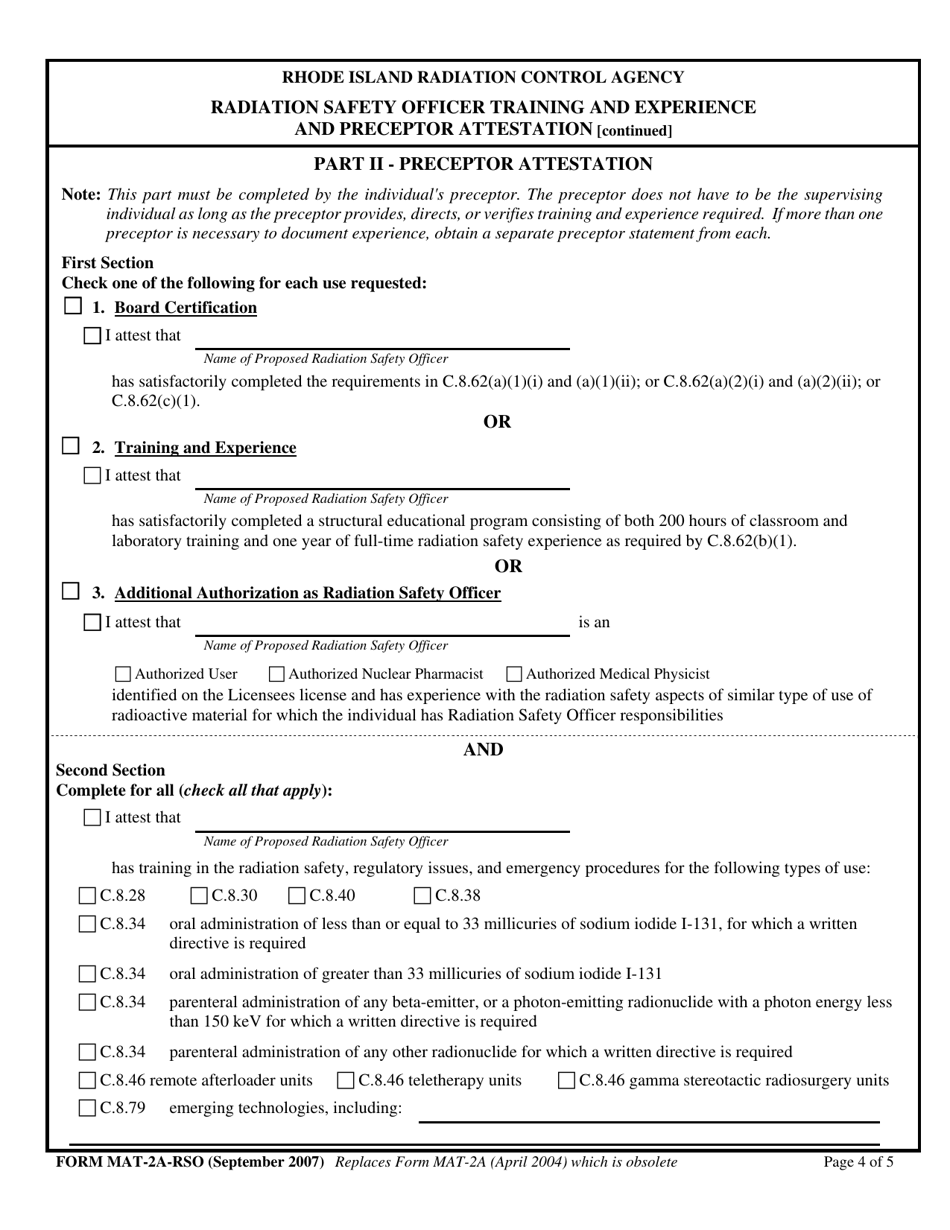 Form MAT-2A-RSO Radiation Safety Officer Training and Experience and Preceptor Attestation - Rhode Island, Page 4