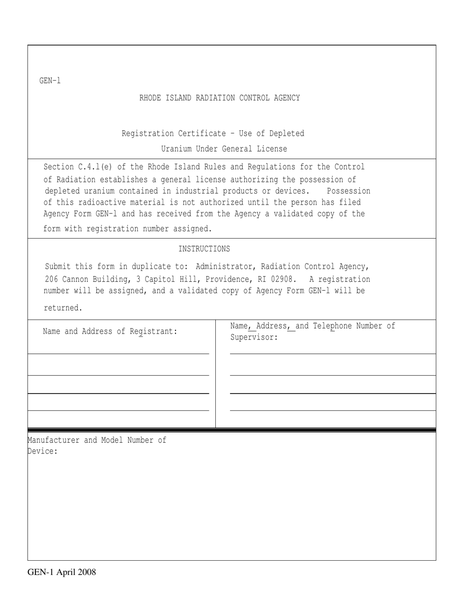 Form GEN-1 Registration Certificate - Use of Depleted Uranium Under General License - Rhode Island, Page 1