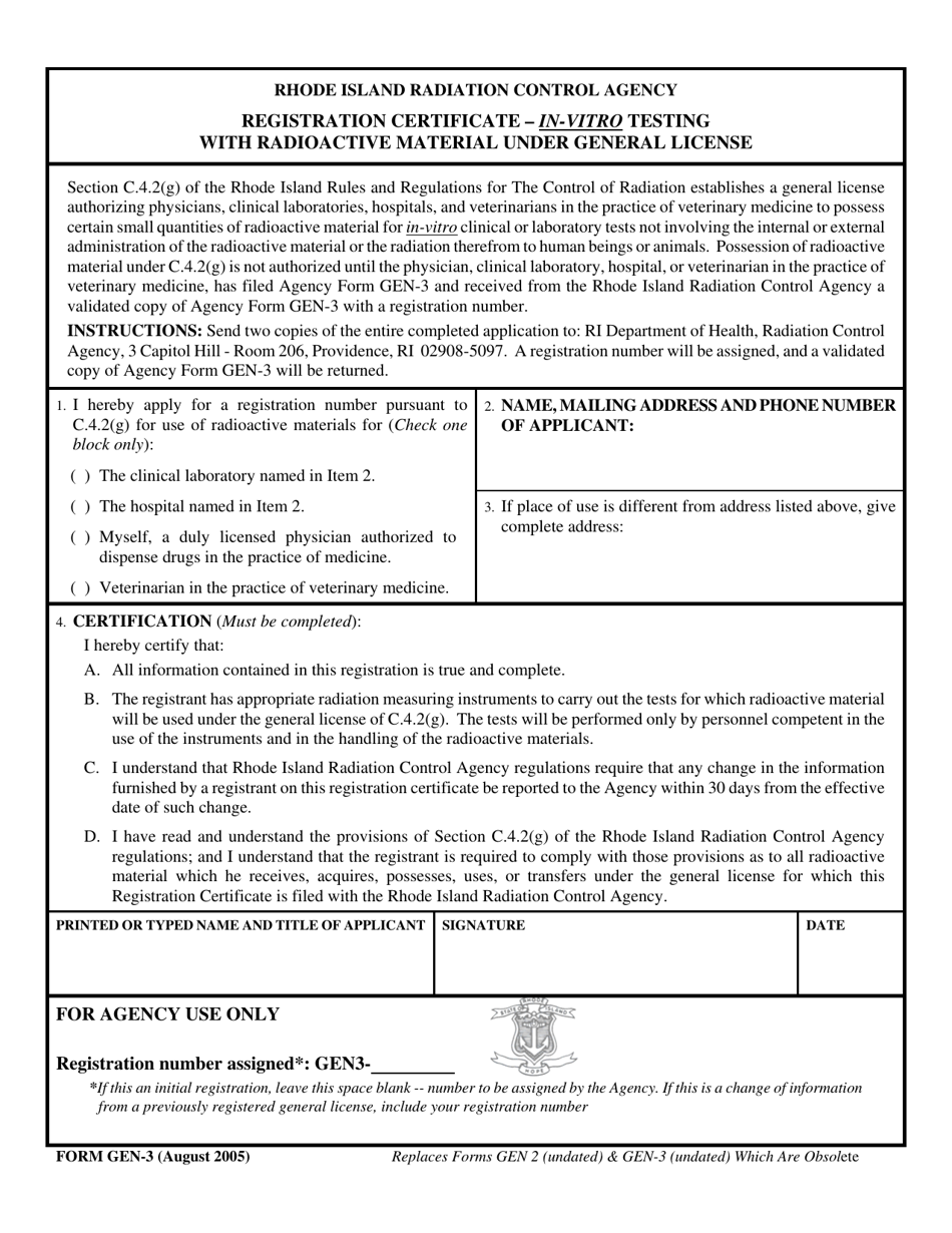 Form GEN-3 Registration Certificate  in-Vitro Testing With Radioactive Material Under General License - Rhode Island, Page 1