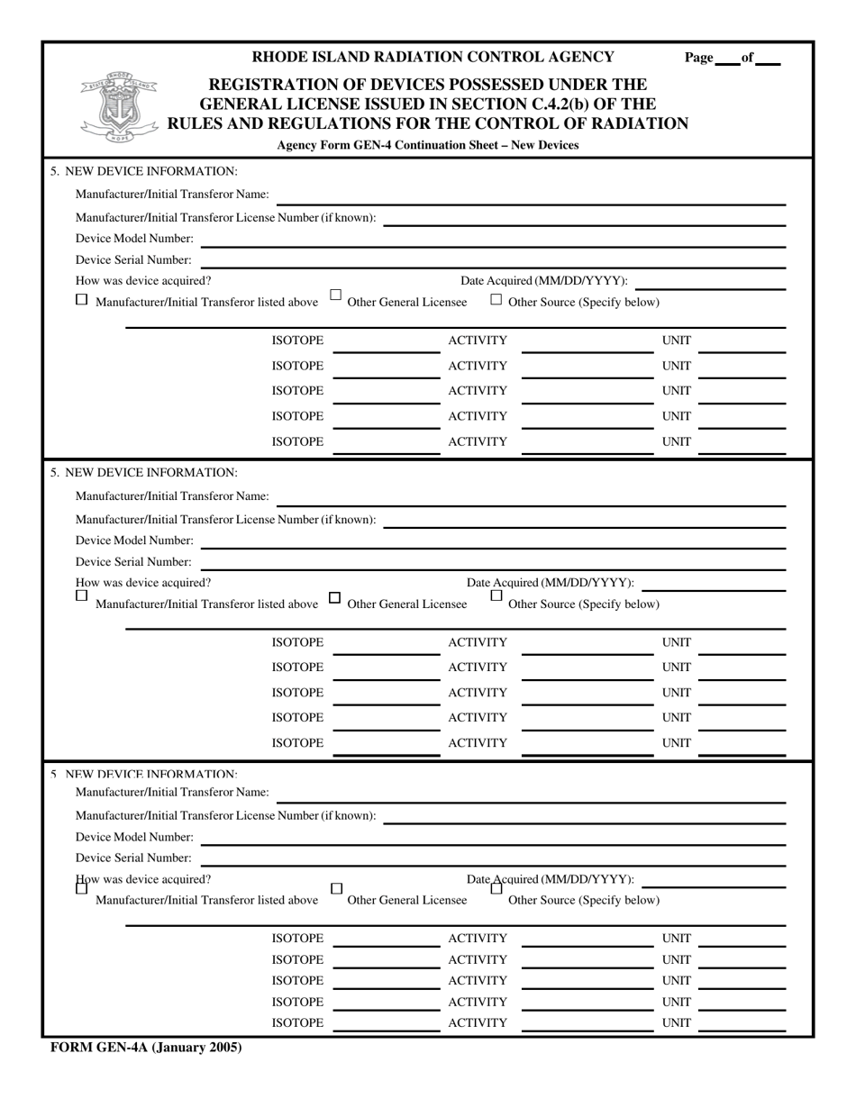 Form GEN-4A Registration of Devices Possessed Under the General License Issued in Section C.4.2(B) of the Rules and Regulations for the Control of Radiation - Rhode Island, Page 1