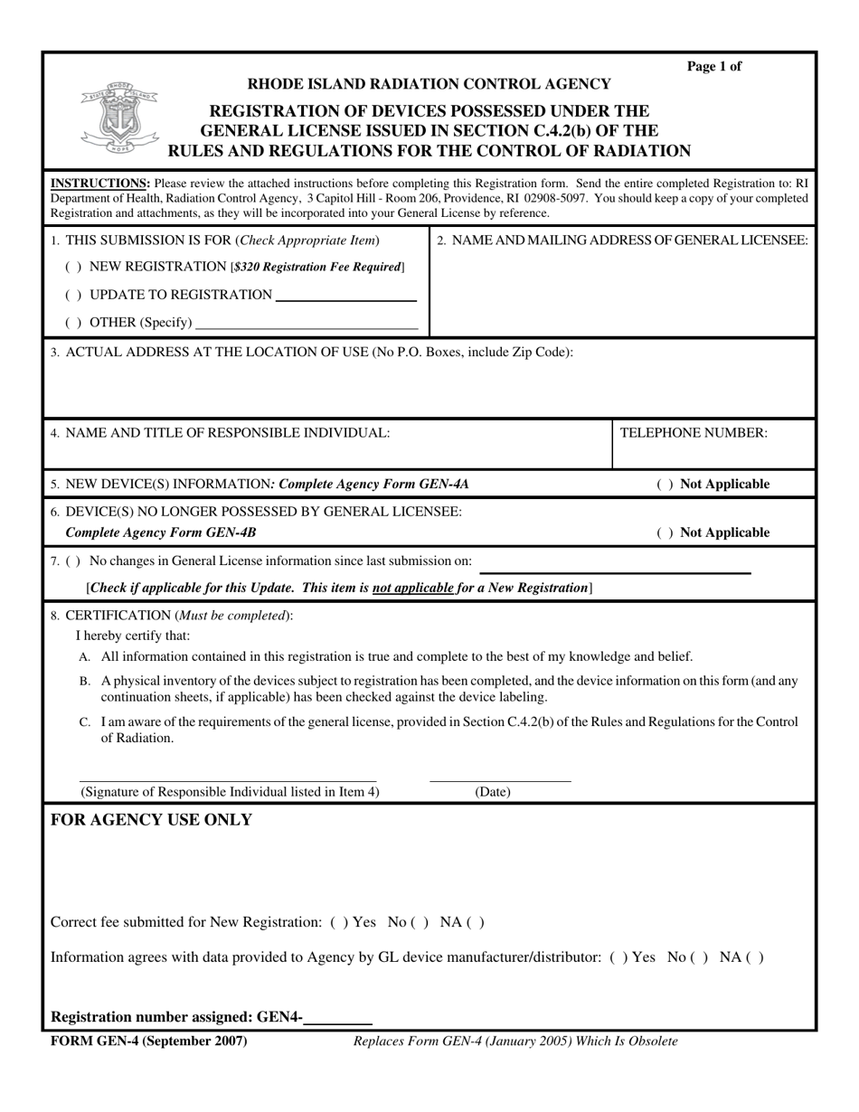 Form GEN-4 Registration of Devices Possessed Under the General License Issued in Section C.4.2(B) of the Rules and Regulations for the Control of Radiation - Rhode Island, Page 1