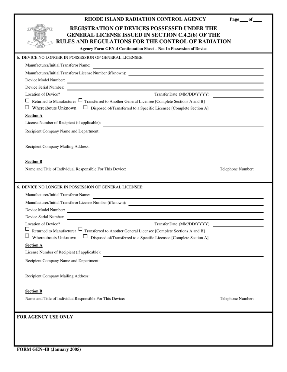 Form GEN-4B Registration of Devices Possessed Under the General License Issued in Section C.4.2(B) of the Rules and Regulations for the Control of Radiation - Rhode Island, Page 1