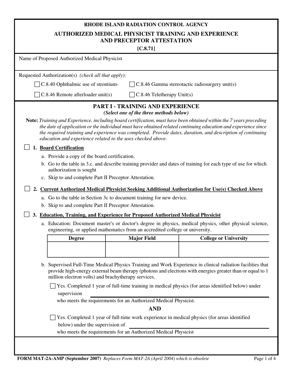 Form MAT-2A-AMP Authorized Medical Physicist Training and Experience and Preceptor Attestation - Rhode Island, Page 1
