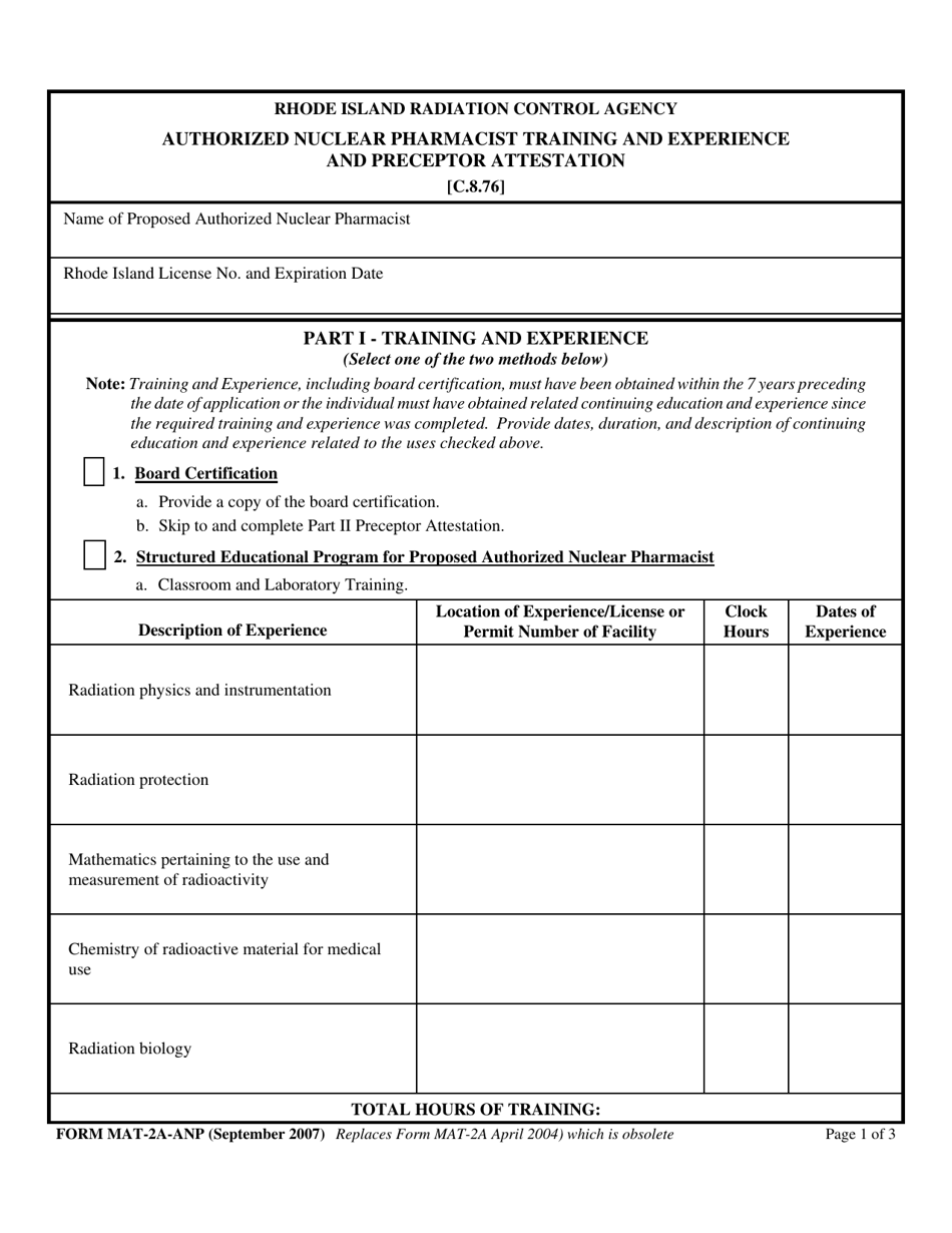 Form MAT-2A-ANP Authorized Nuclear Pharmacist Training and Experience and Preceptor Attestation - Rhode Island, Page 1