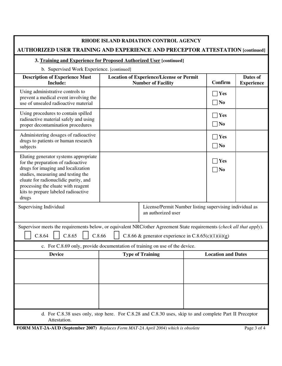 Form MAT-2A-AUD Authorized User Training and Experience and Preceptor Attestation for Uses Defined Under C.8.28, C.8.30, and C.8.38 - Rhode Island, Page 3