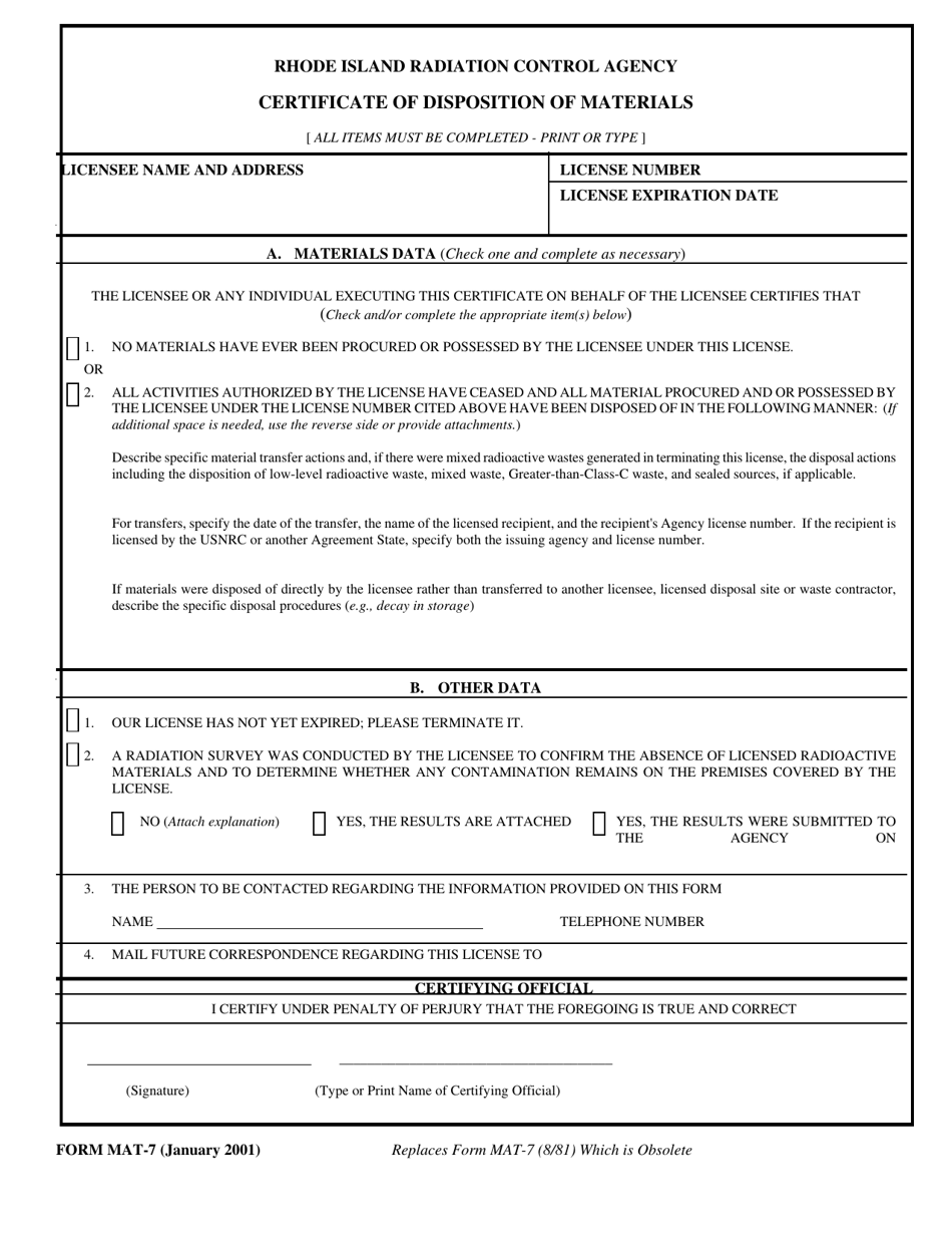 Form MAT-7 Certificate of Disposition of Materials - Rhode Island, Page 1