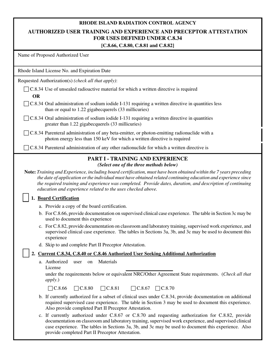 Form MAT-2A-AUT Authorized User Training and Experience and Preceptor Attestation for Uses Defined Under C.8.34 - Rhode Island, Page 1