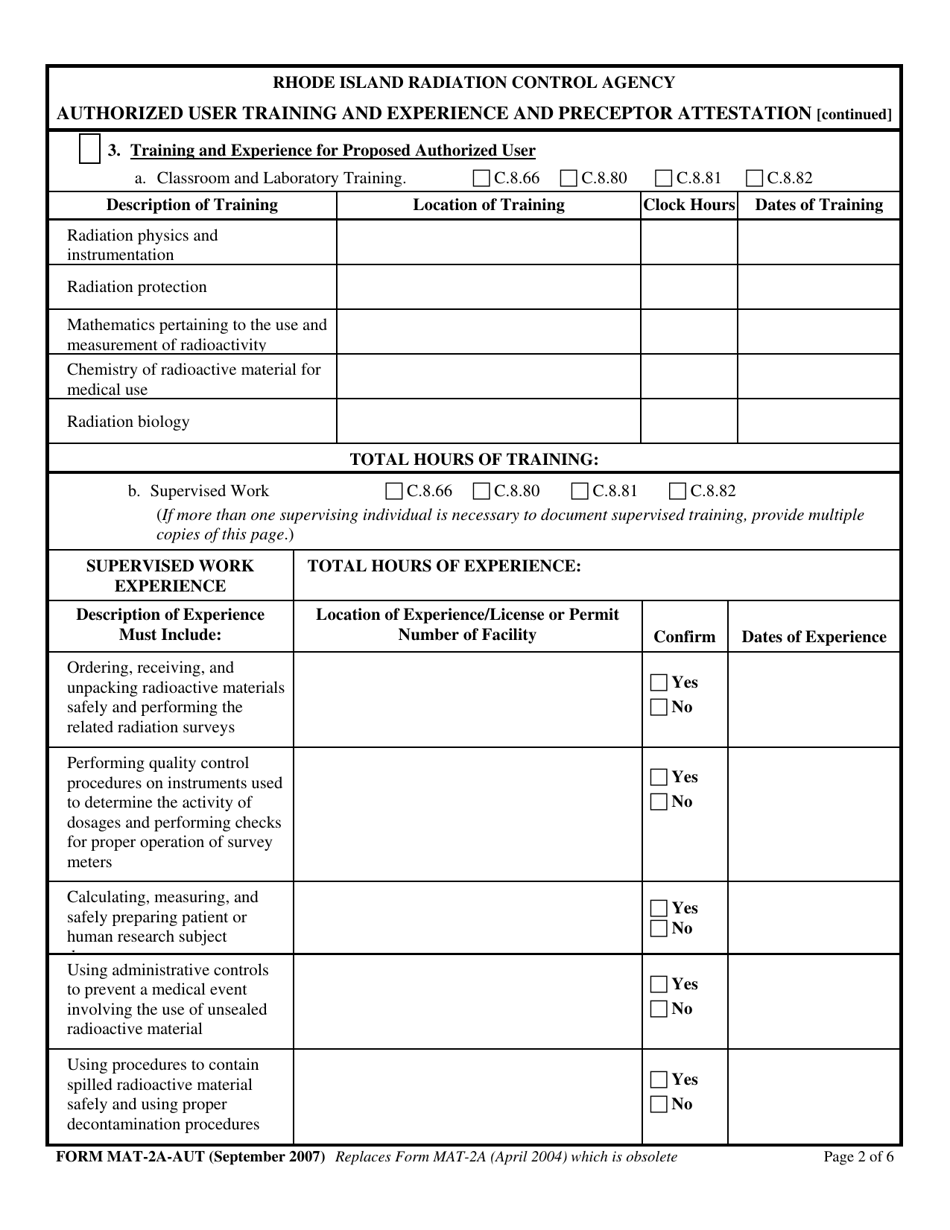 Form MAT-2A-AUT Authorized User Training and Experience and Preceptor Attestation for Uses Defined Under C.8.34 - Rhode Island, Page 3