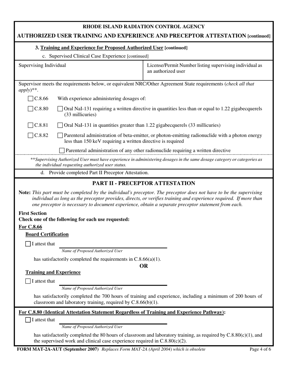Form MAT-2A-AUT Authorized User Training and Experience and Preceptor Attestation for Uses Defined Under C.8.34 - Rhode Island, Page 5