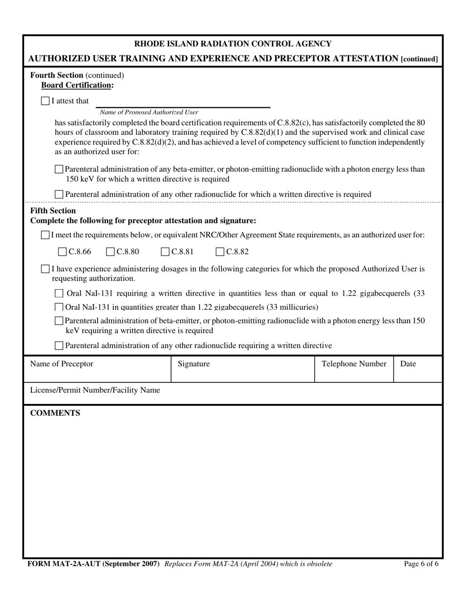 Form MAT-2A-AUT Authorized User Training and Experience and Preceptor Attestation for Uses Defined Under C.8.34 - Rhode Island, Page 7