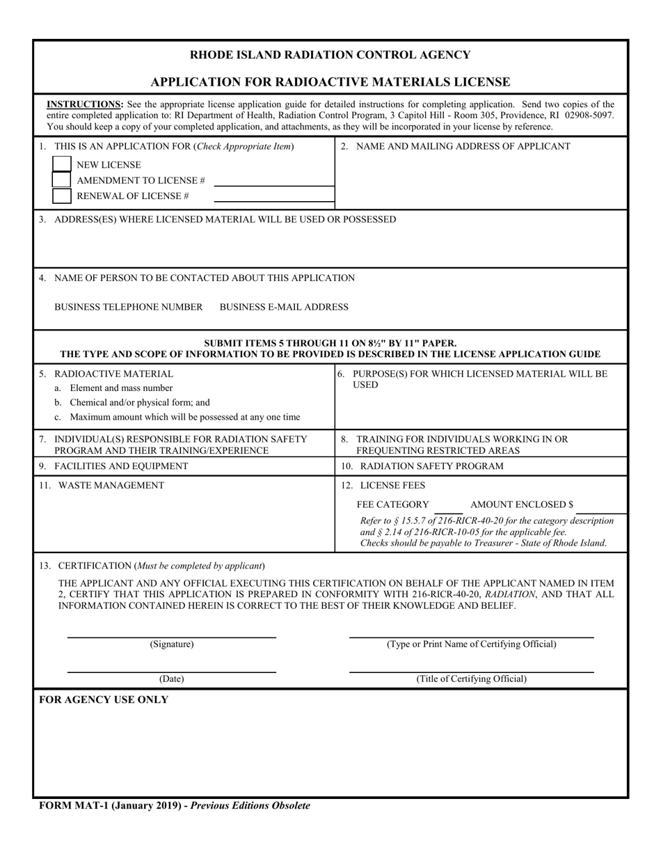 Form MAT-1 Application for Radioactive Materials License - Rhode Island, Page 1