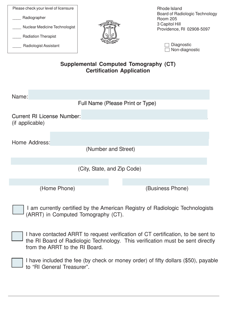 Supplemental Computed Tomography (Ct) Certification Application Form - Rhode Island, Page 1