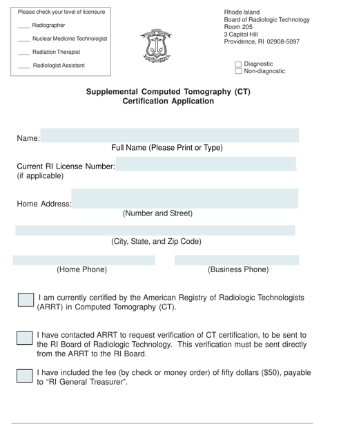 Supplemental Computed Tomography (Ct) Certification Application Form - Rhode Island Download Pdf