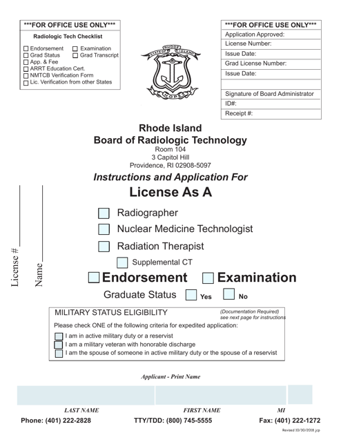 Application for License as a Radiographer, Nuclear Medicine Technologist or Radiation Therapist - Rhode Island Download Pdf