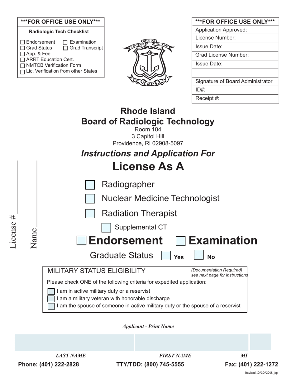 Application for License as a Radiographer, Nuclear Medicine Technologist or Radiation Therapist - Rhode Island, Page 1