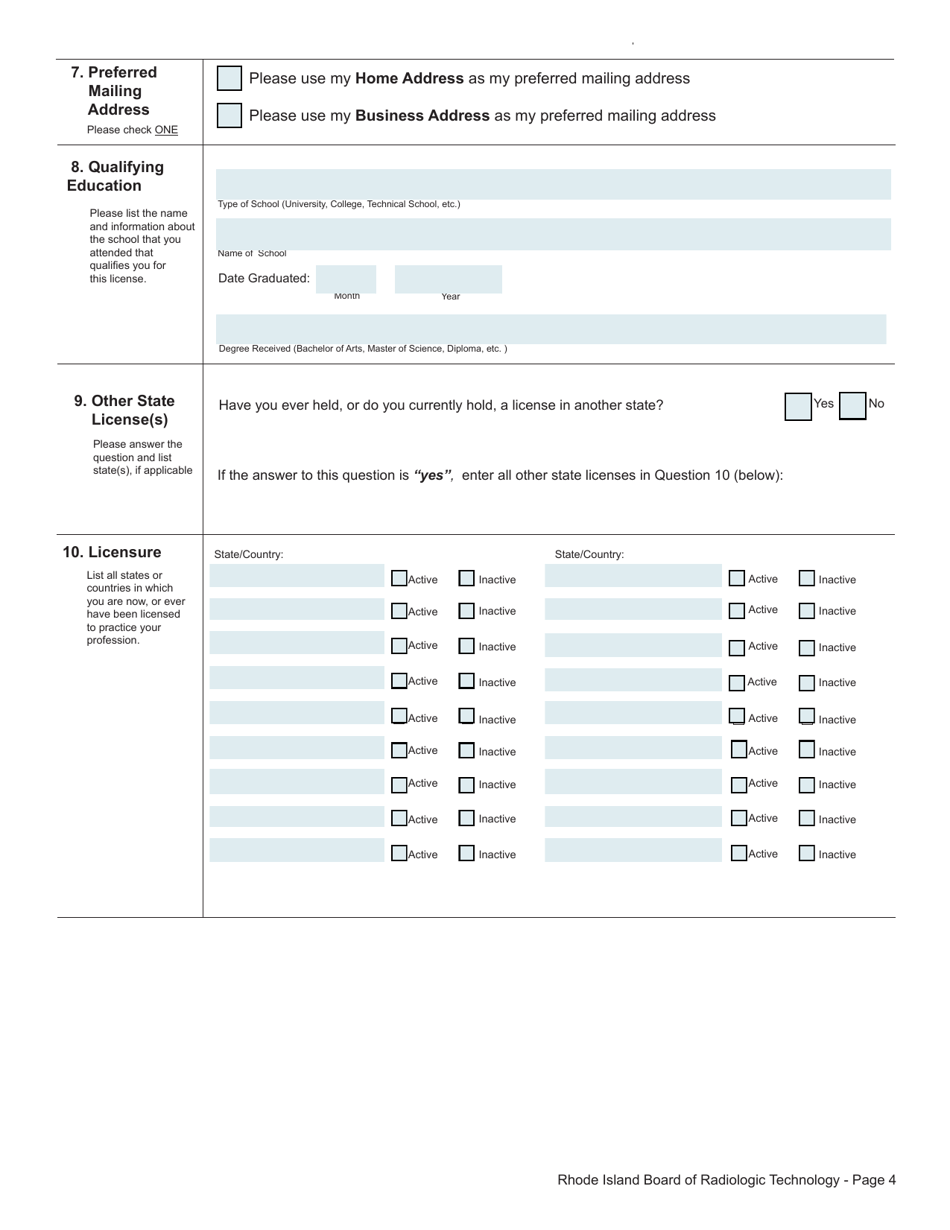 Application for License as a Radiographer, Nuclear Medicine Technologist or Radiation Therapist - Rhode Island, Page 4