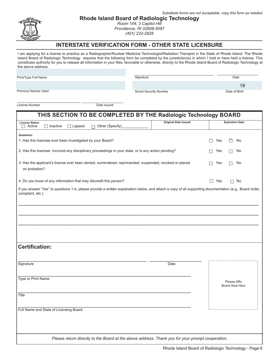 Application for License as a Radiographer, Nuclear Medicine Technologist or Radiation Therapist - Rhode Island, Page 6
