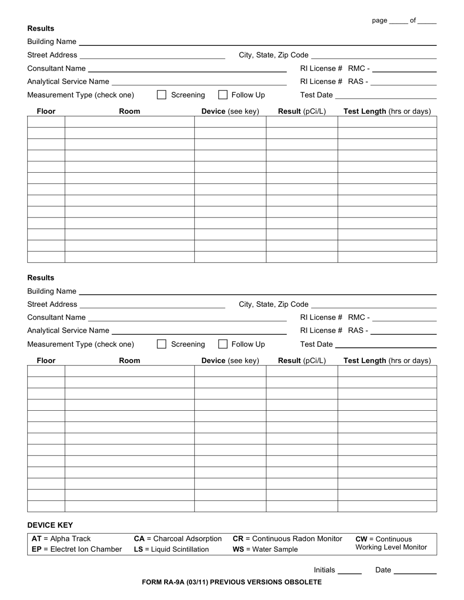 Form RA-9A Quarterly Radon Measurement Report by a Measurement Business for Public and High Priority Buildings - Rhode Island, Page 3