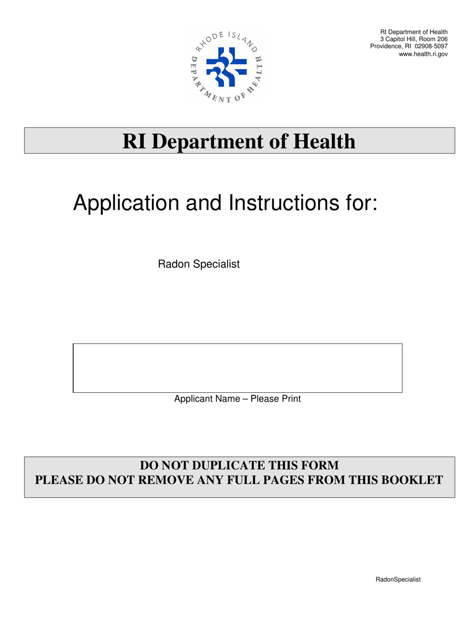 Application for Radon Specialist - Rhode Island, Page 1