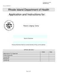 Document preview: Application for Resort, Lodging, Camp - Rhode Island