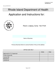 Document preview: Application for Resort, Lodging, Camp - Non Profit - Rhode Island