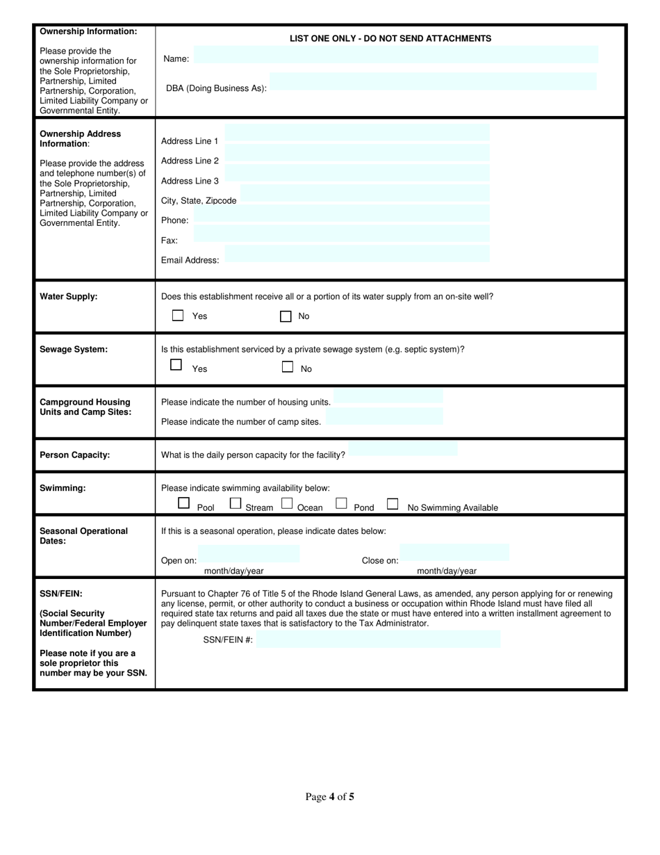 Application for Resort, Lodging, Camp - Non Profit - Rhode Island, Page 4