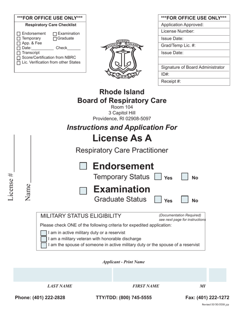 Application for License as a Respiratory Care Practitioner - Rhode Island Download Pdf