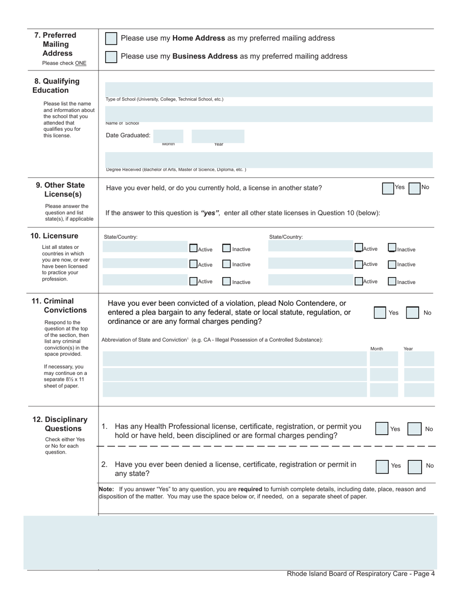 Application for License as a Respiratory Care Practitioner - Rhode Island, Page 4