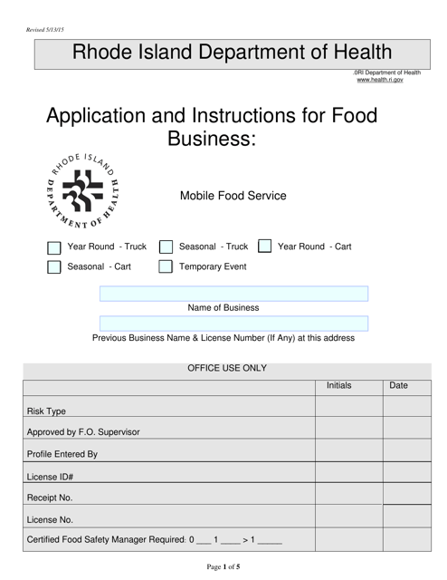 Application for Food Business: Mobile Food Service - Rhode Island Download Pdf