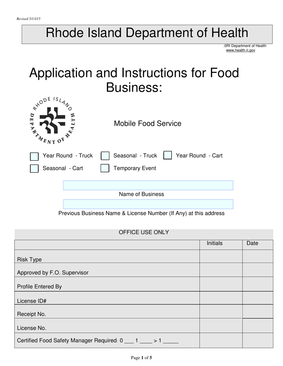 Rhode Island Application for Food Business Mobile Food Service Fill