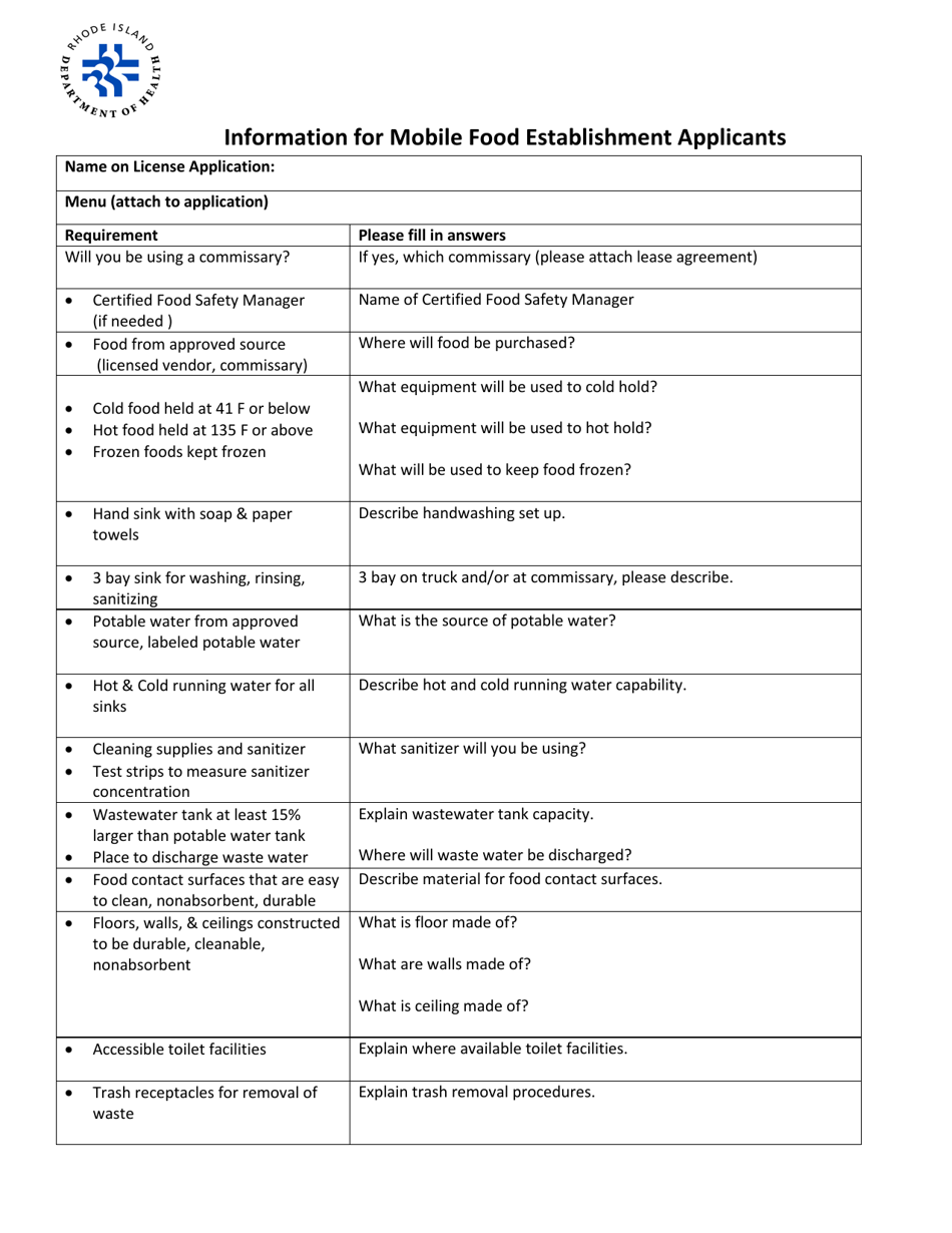 Application for Food Business: Mobile Food Service - Rhode Island, Page 6