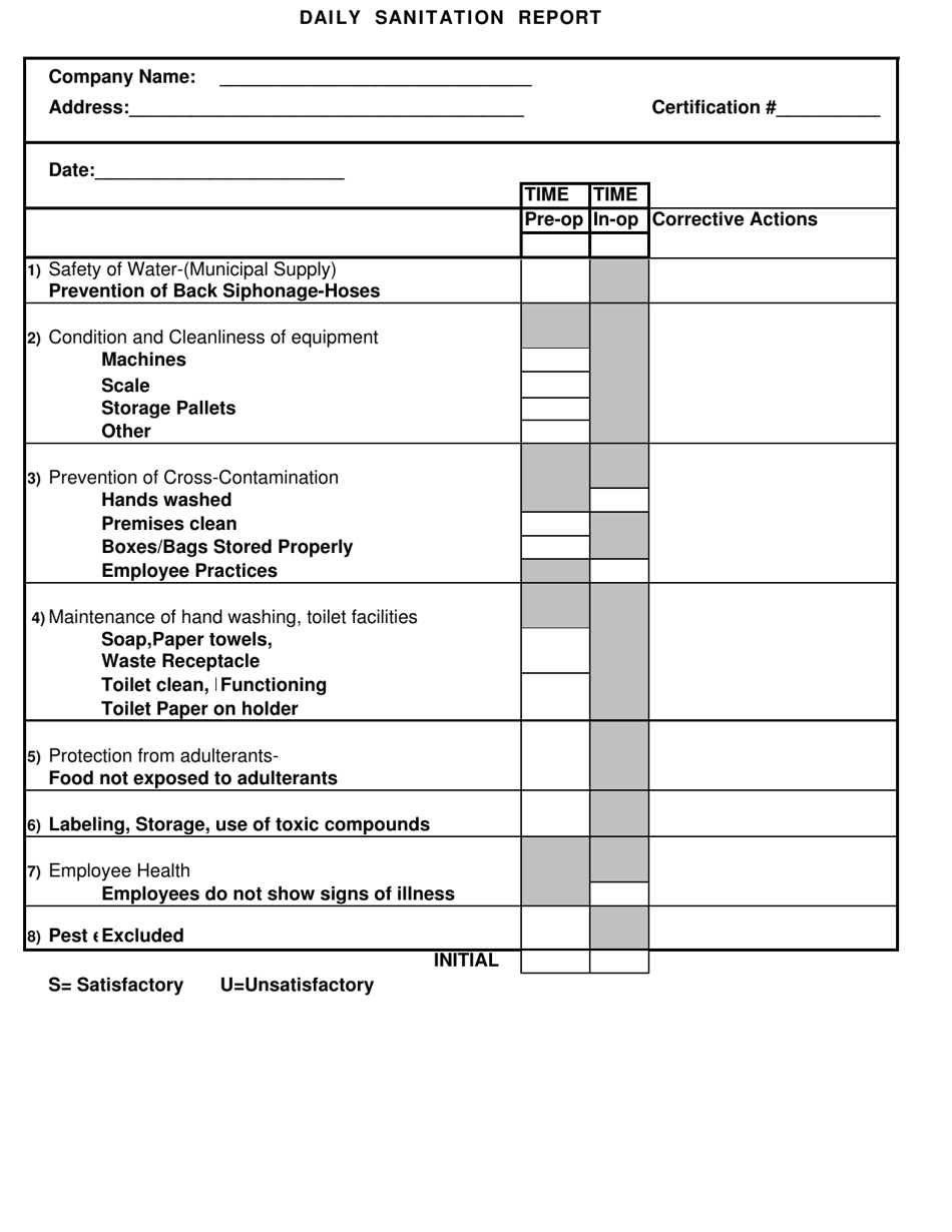 Daily Sanitation Report Form - Rhode Island, Page 1