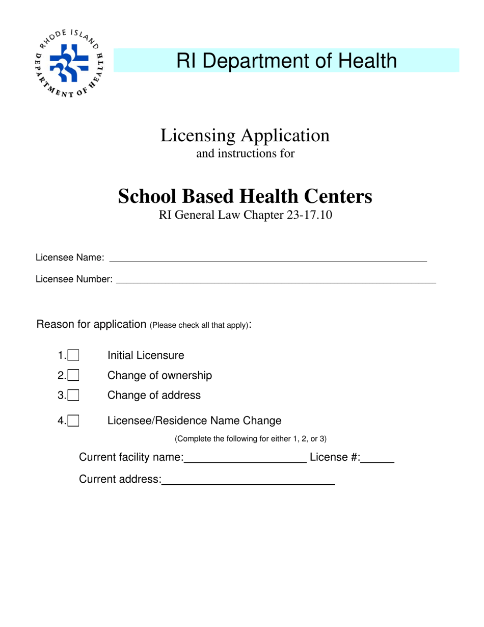Licensing Application for School Based Health Centers - Rhode Island, Page 1