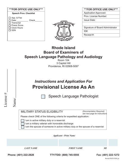 Application for Provisional License as an Speech Language Pathologist - Rhode Island