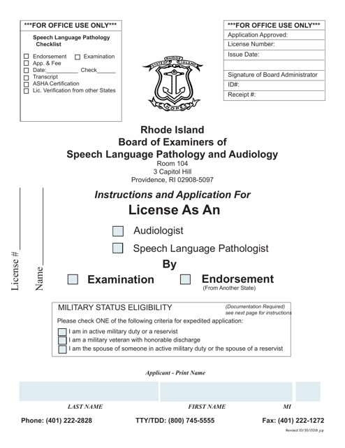 Application for License as an Audiologist / Speech Language Pathologist - Rhode Island Download Pdf